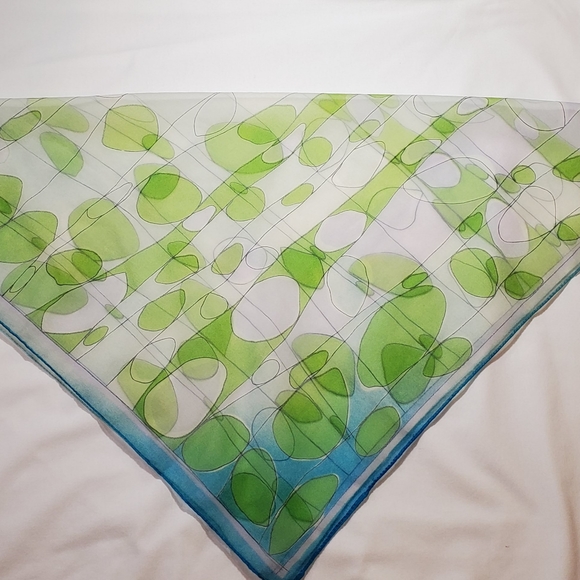 Vintage Whispy White Green and Blue Psychedelic Bubble Grid Square Scarf - Picture 12 of 12